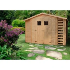 Timbela Holz-Gartenhaus Mit Brennholzregal M389+M389G 5,41 M² Mit Boden