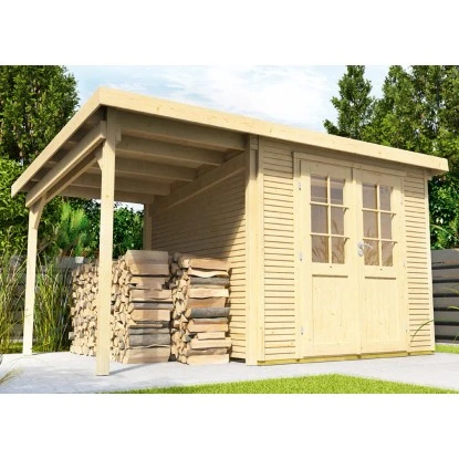 W. Finnhaus Holz-Gartenhaus Pulti Softl.3024 Natur BxT 445x241 Dav. 150 Cm Anbau 1 W. Finnhaus Holz-Gartenhaus Pulti Softl.3024 Natur BxT 445x241 Dav. 150 Cm Anbau