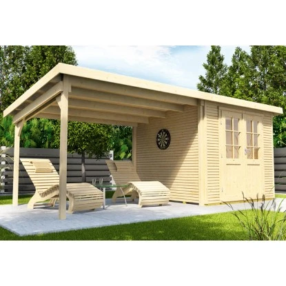 W. Finnhaus Holz-Gartenhaus Pulti Softl.3024 Natur BxT 595x241 Dav. 300 Cm Anbau 1 W. Finnhaus Holz-Gartenhaus Pulti Softl.3024 Natur BxT 595x241 Dav. 300 Cm Anbau