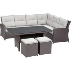 Lounge-Set Mit Esstisch Vermont 5-teilig Polyrattan Rechts Deep Water Concrete